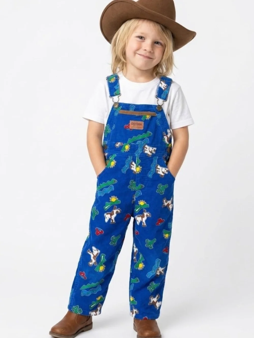 VTG OshKosh Corduroy Vestbak Overalls Blue  Western Horse Pattern Toddler 4T USA